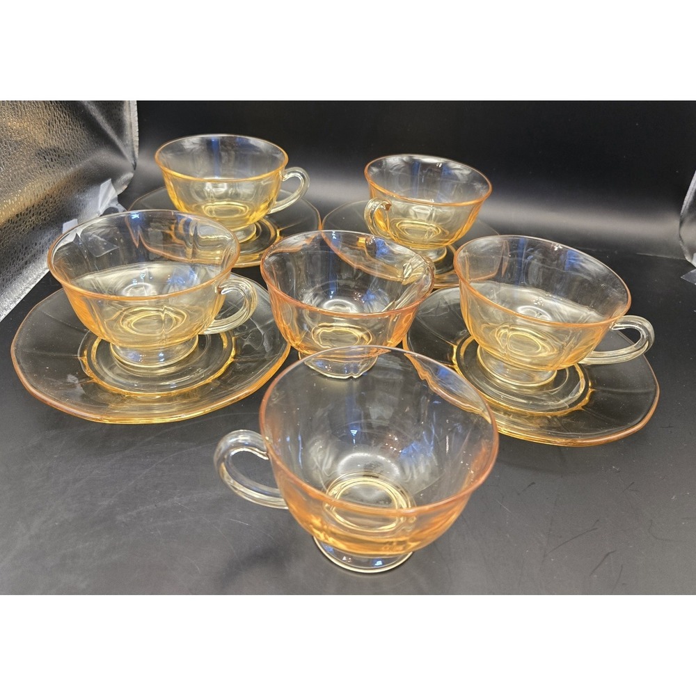 Yellow Depression Glass Vintage Fostoria "Fairfax" Includes 6 Cups And 4 Saucers
